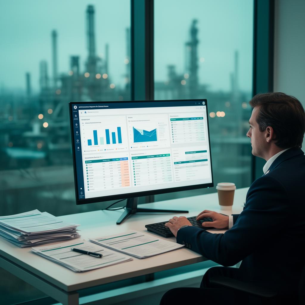 UK environmental compliance officer reviewing emissions reporting charts on a monitor with permit returns and operator submissions paperwork on the desk — Environment Agency Emissions Reporting UK by Alkali Environmental Consultants (UKAS Lab No. 24303, UK-wide)
