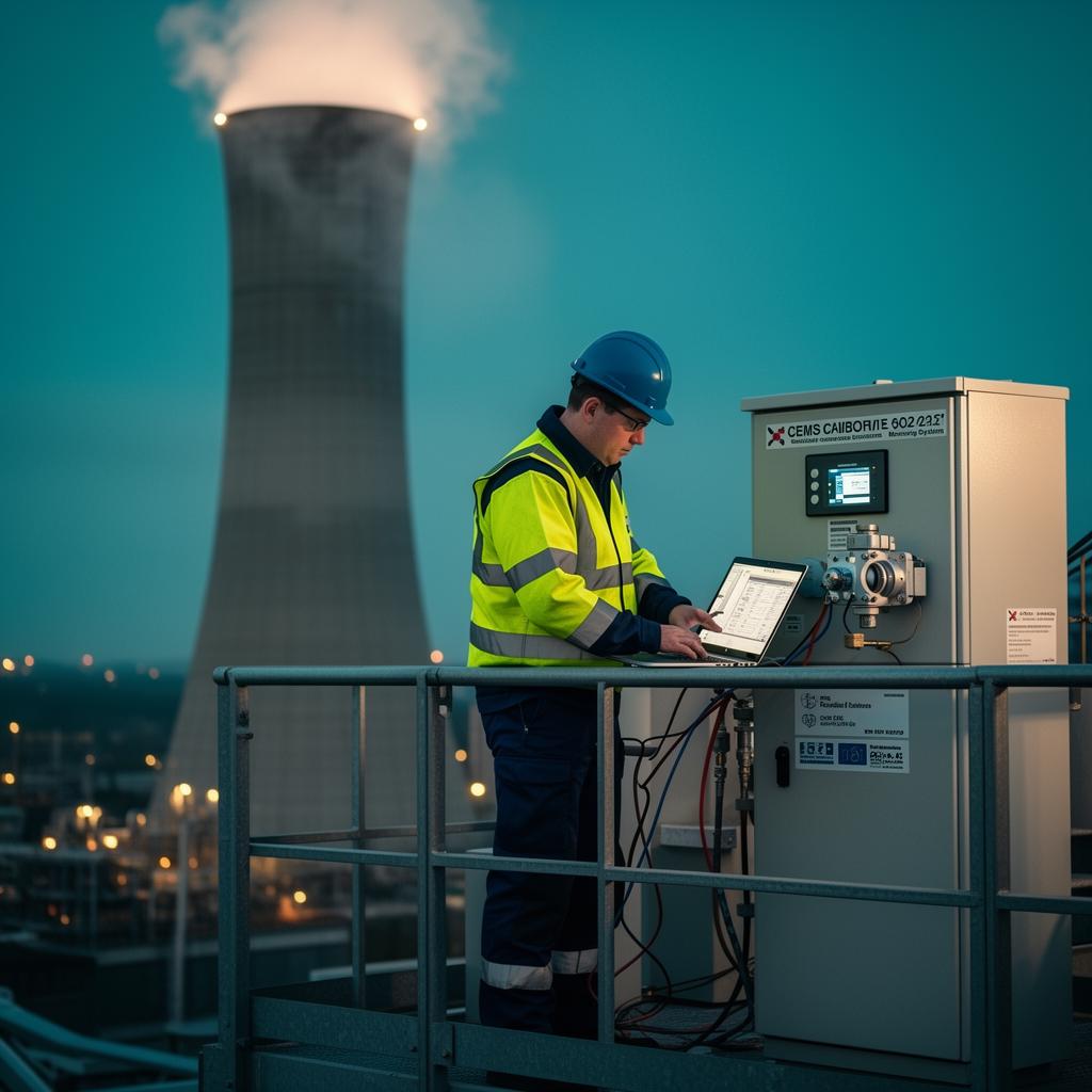 UK CEMS calibration engineer in PPE connecting a laptop to a Continuous Emissions Monitoring System cabinet on a stack platform for EN 14181 QAL2 and AST calibration — QAL2 & AST CEMS Calibration UK by Alkali Environmental Consultants (UKAS Lab No. 24303, UK-wide)